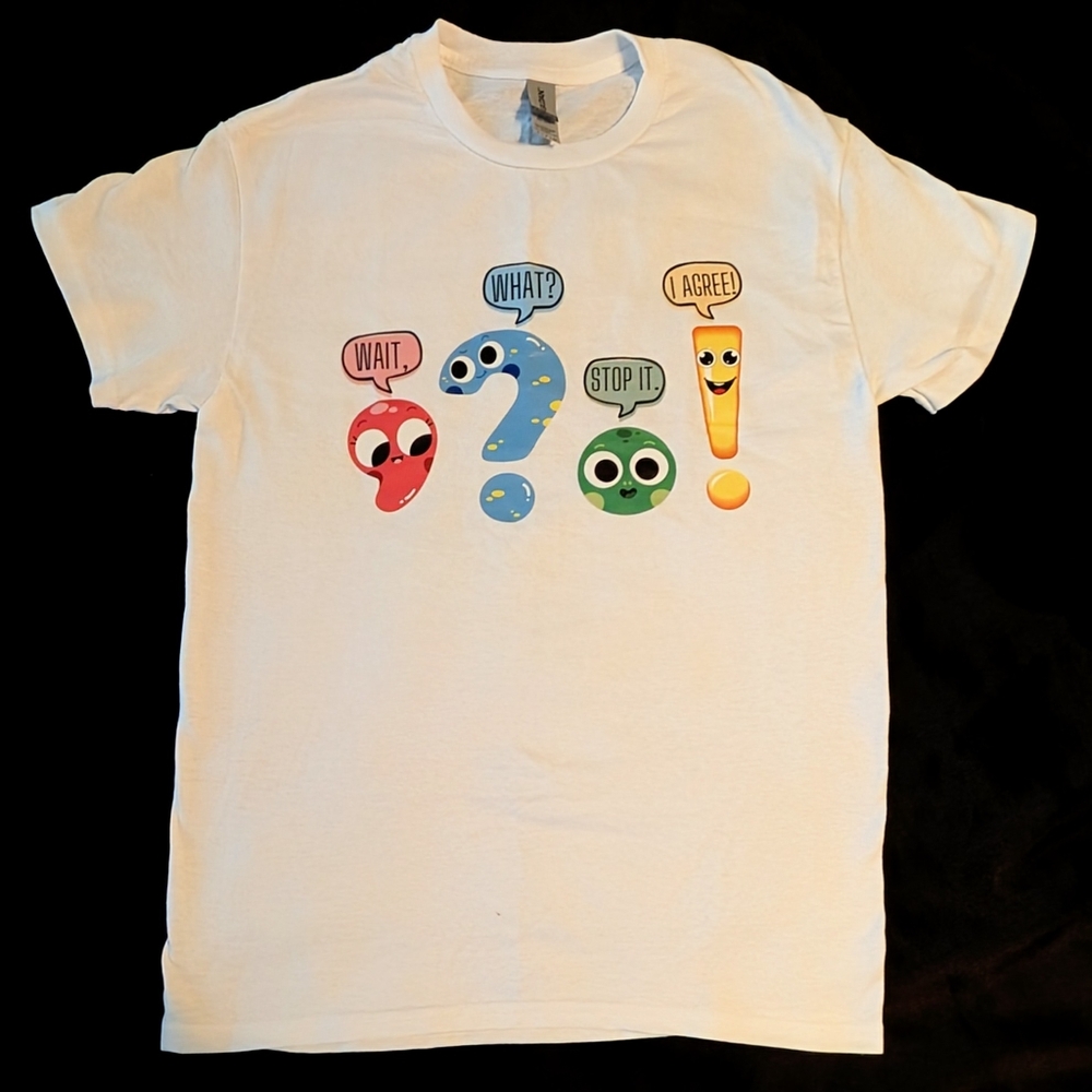 Gildan T-Shirt; Punctuation Marks; Humor; Size M; White Shirt; 100% Cotton